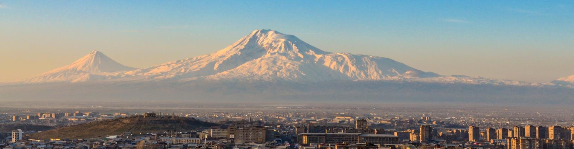 Mount Ararat and Sebastia-Malatia district in Yerevan, Armenia scenic view at sunrise