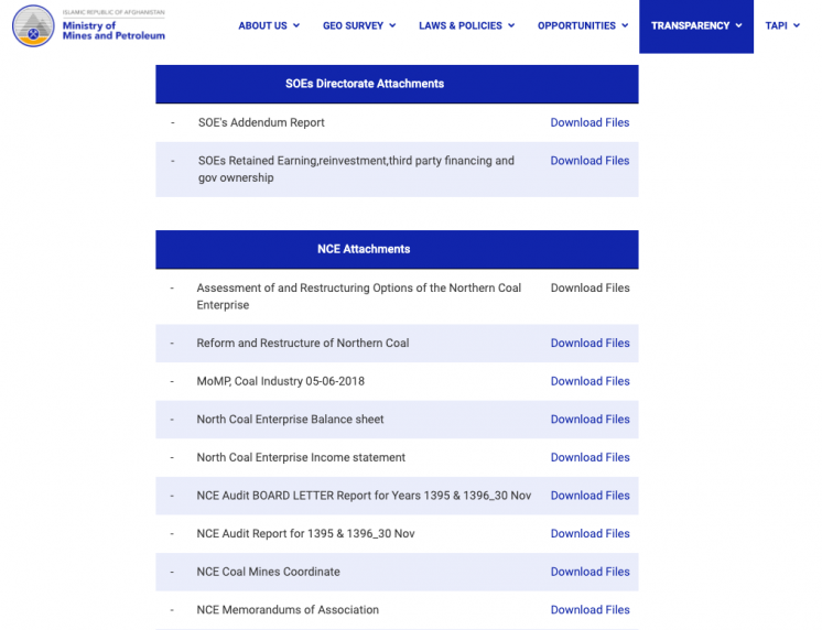 Screenshot of the government website displaying the financial statements