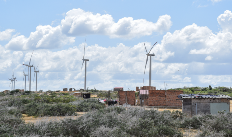 Wind turbines along the main road to the La Media Luna area in Cabo de la Vela, Uribia.